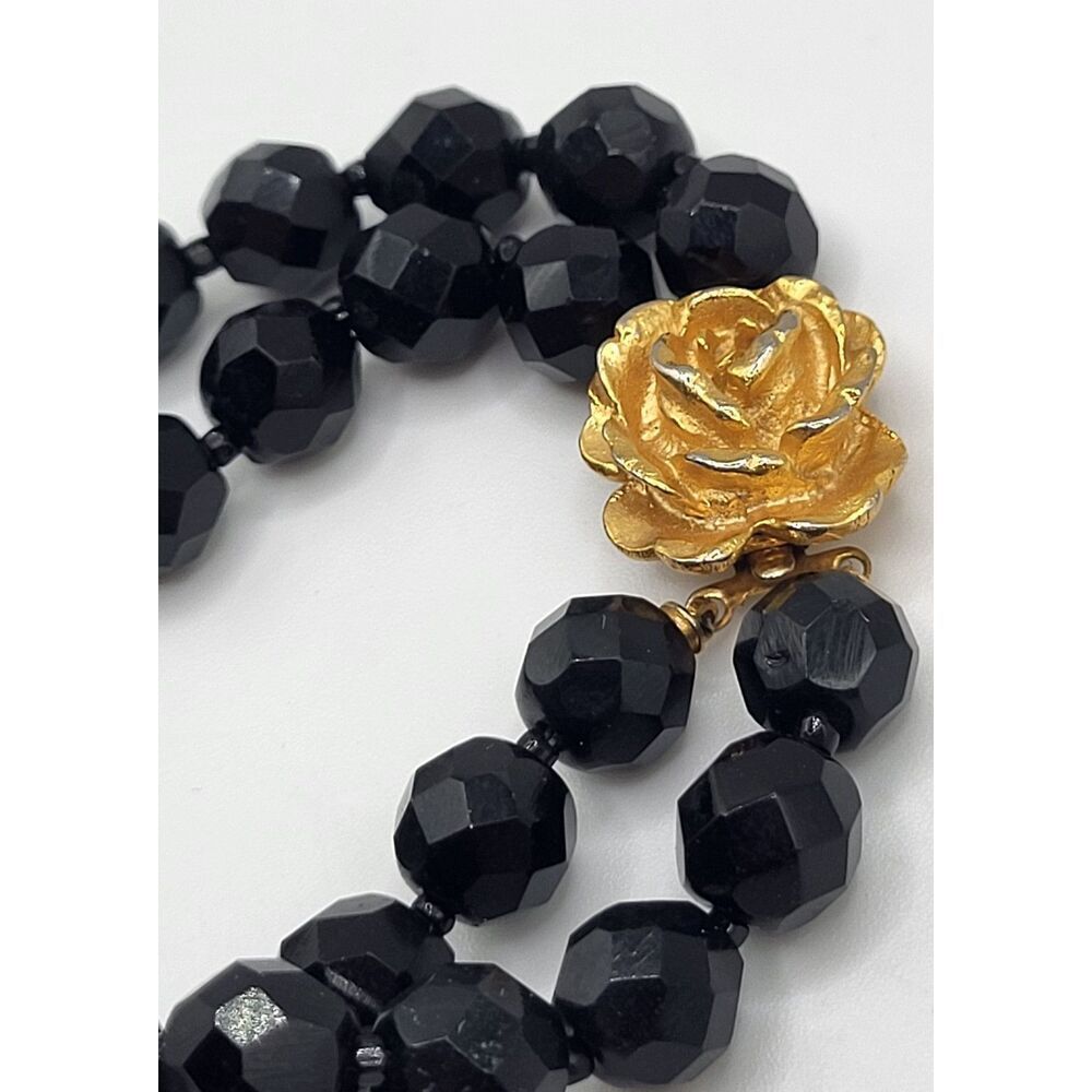 10K Gold Plated Rose Box Clasp Faceted Jet Bracelet 7.5in